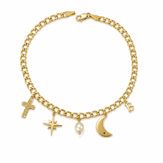 10K gold Cuban link charm anklet with cross star pearl moon and initial charms