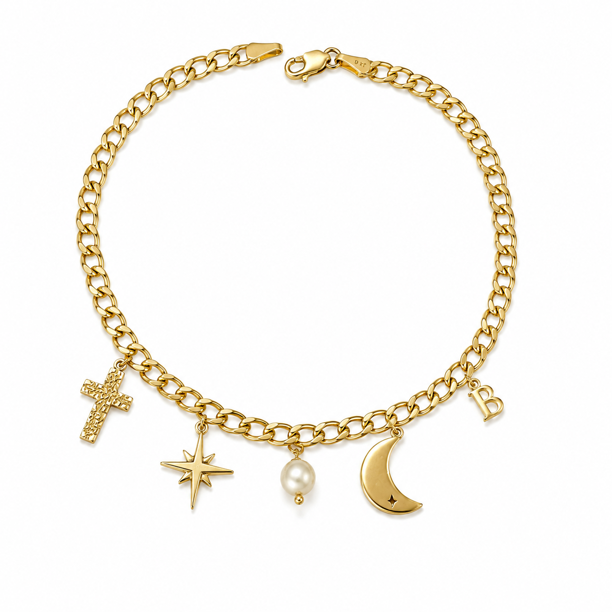 10k-gold-cuban-charm-anklet.jpg 10K gold Cuban link charm anklet with cross star pearl moon and initial charms