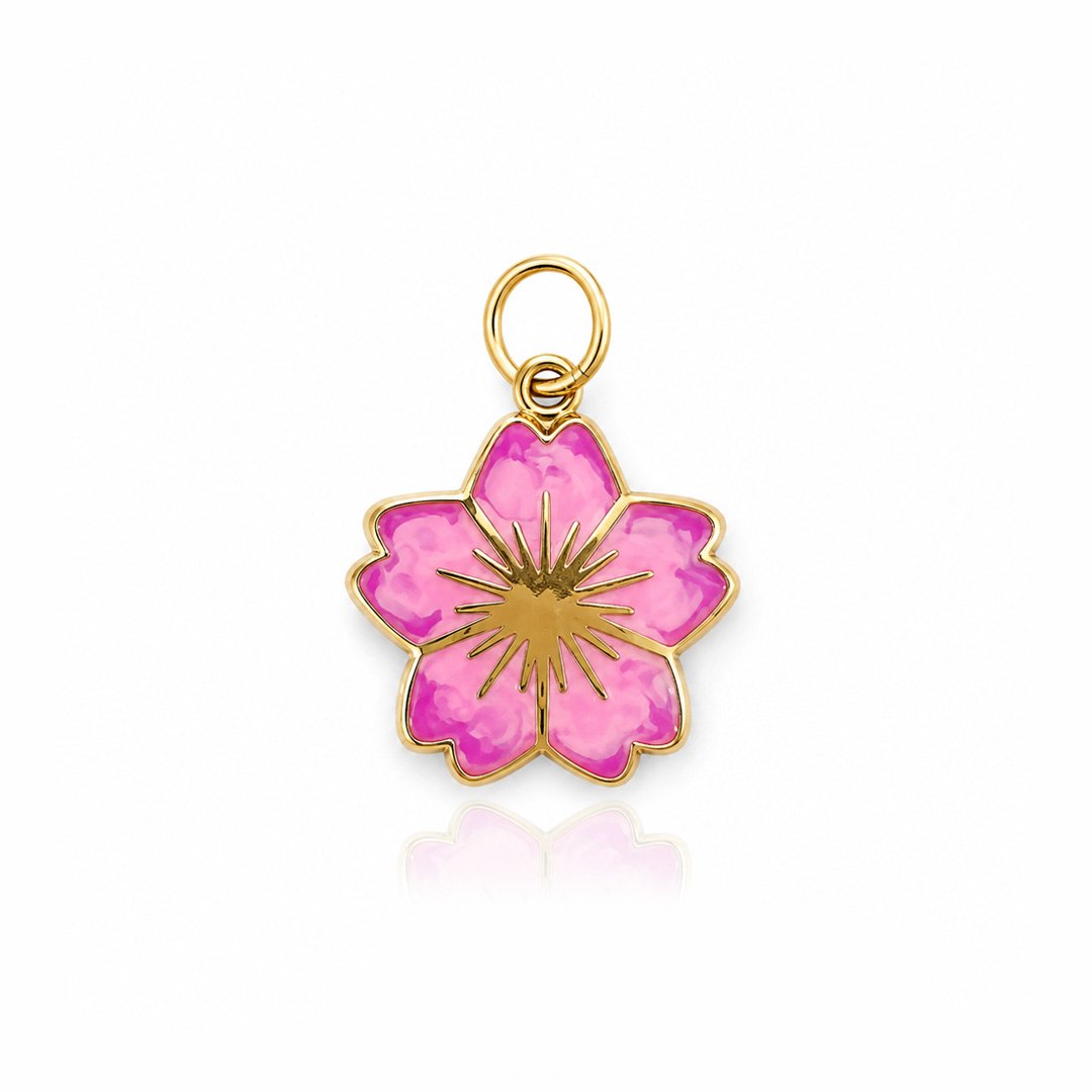 pinkflo 14K gold pink cherry blossom sakura charm with enamel petals
