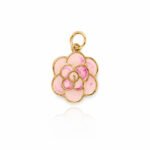 14K gold pink camellia flower charm with layered enamel petals