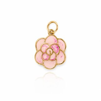 14K gold pink camellia flower charm with layered enamel petals