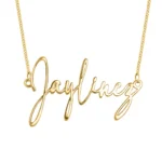 10K gold signature script custom name necklace with flowing cursive lettering