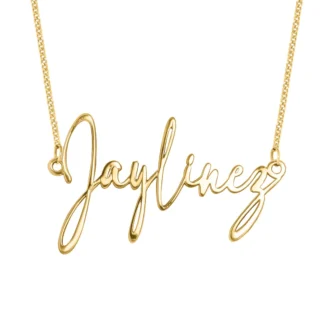 10K gold signature script custom name necklace with flowing cursive lettering