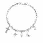 925 sterling silver rolo chain anklet with cross star pearl moon and initial charms