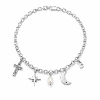 925 sterling silver rolo chain anklet with cross star pearl moon and initial charms