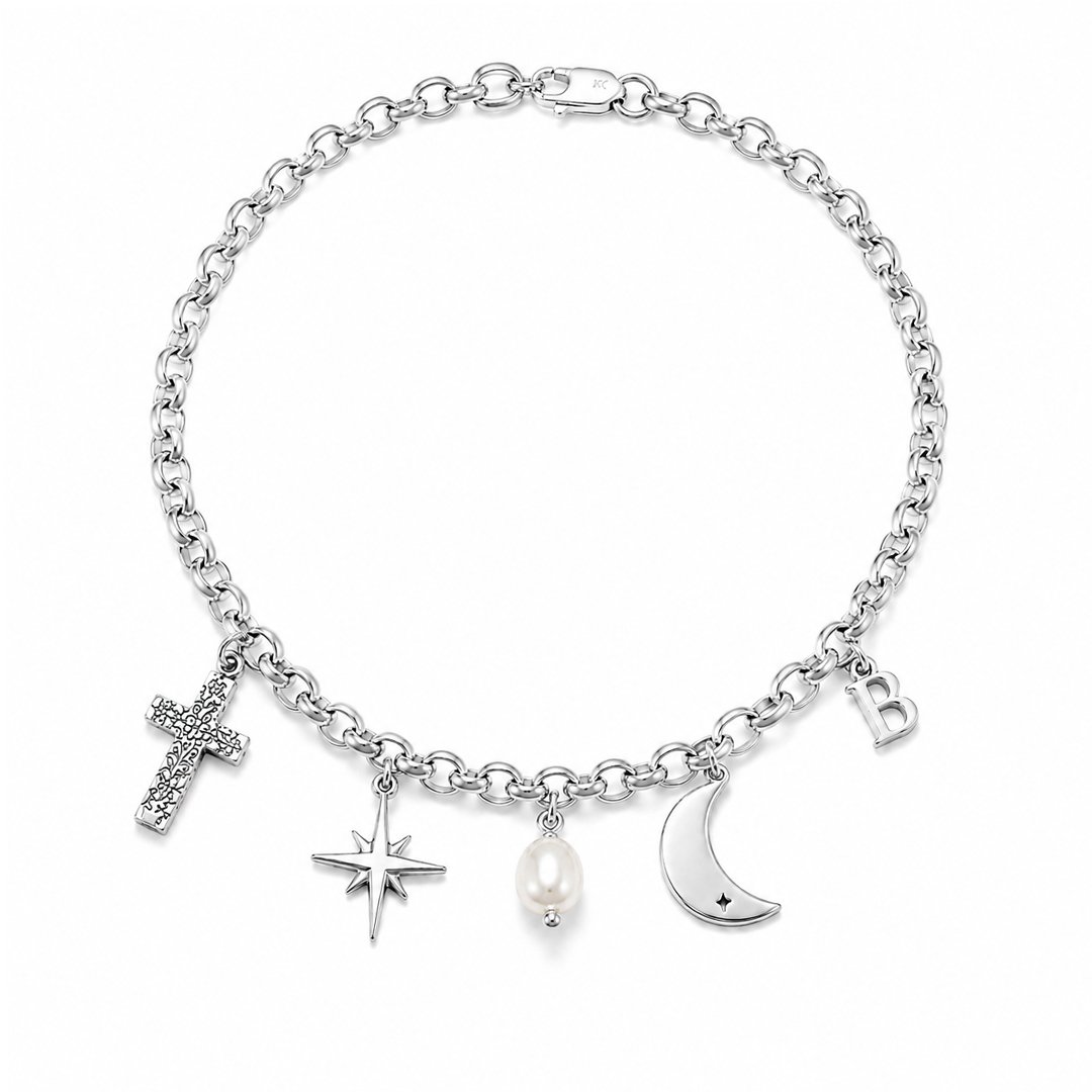silveranletsumm 925 sterling silver rolo chain anklet with cross star pearl moon and initial charms
