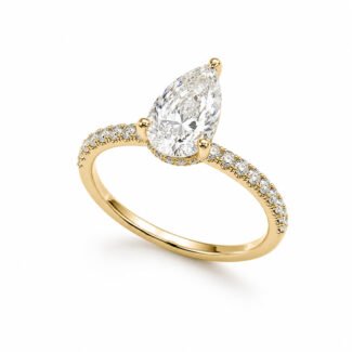 14K gold pear cut lab diamond engagement ring with hidden halo and pavé band