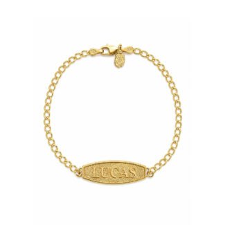 10K gold kids horizontal name tag bracelet with custom LUCAS engraving
