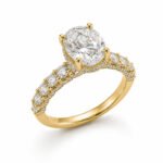 14K gold oval cut lab diamond engagement ring with hidden halo and graduated diamond band