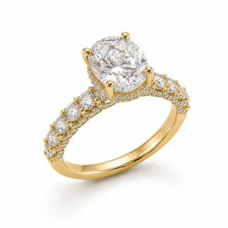 14K gold oval cut lab diamond engagement ring with hidden halo and graduated diamond band