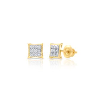 10K yellow gold framed kite diamond stud earrings with screw backs on white background