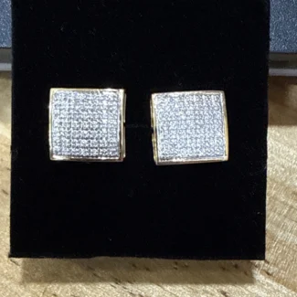 10k, Natural Diamons square earrings- 11 mm , screw backs