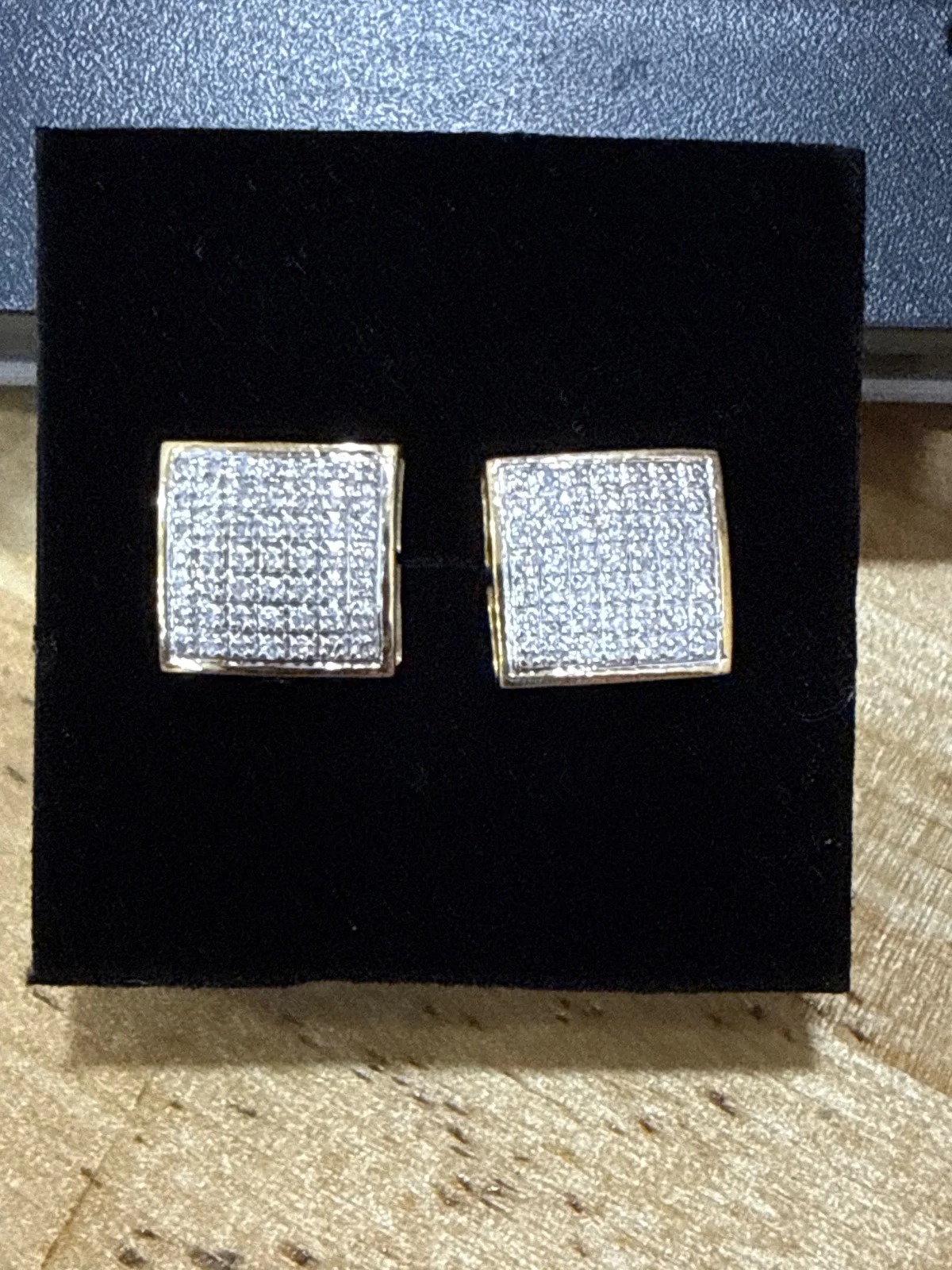 10k, Natural Diamons square earrings- 11 mm , screw backs