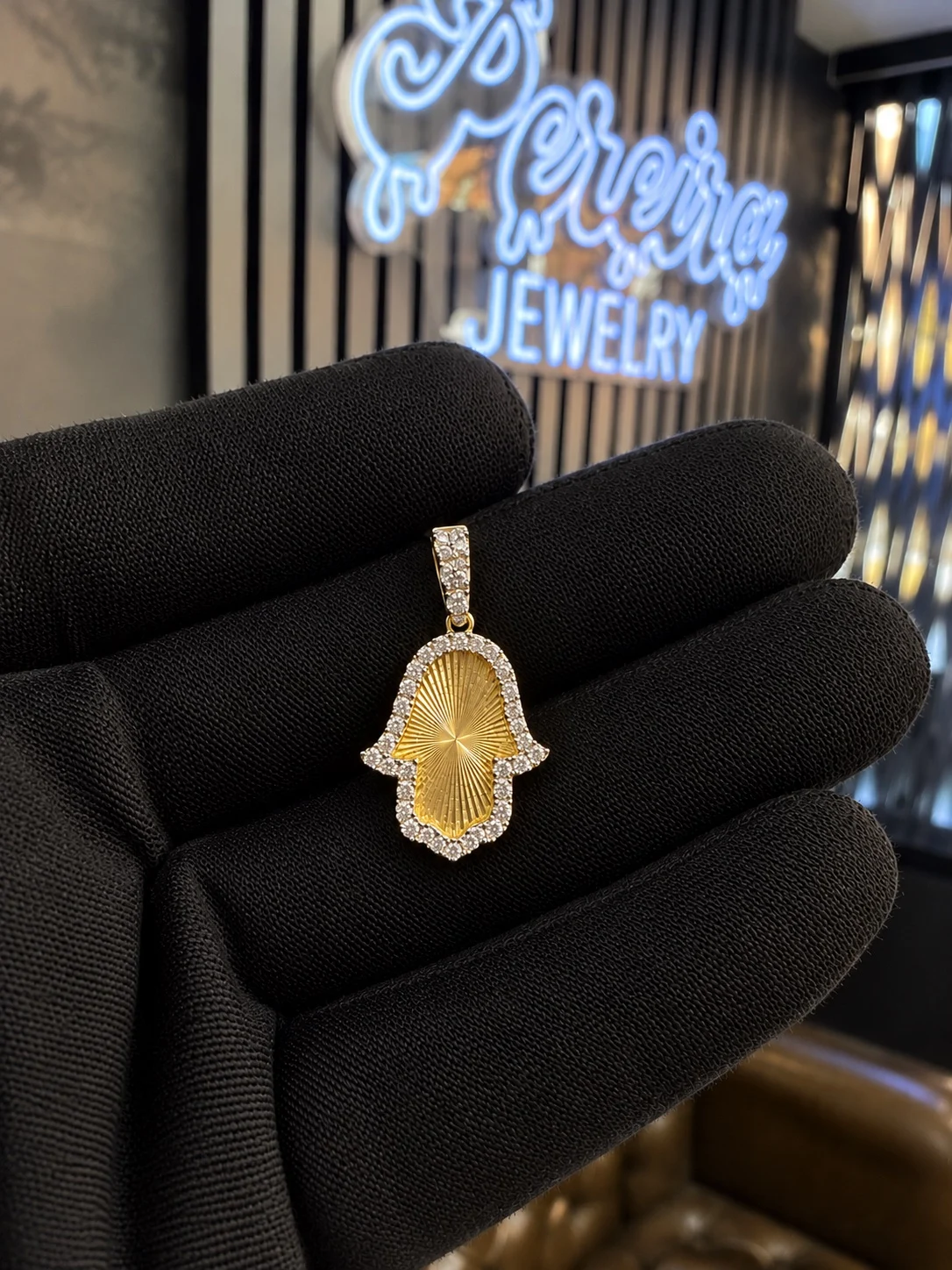 10K Yellow Gold Hamsa Hand Pendant with Natural Diamonds – 0.30 CT