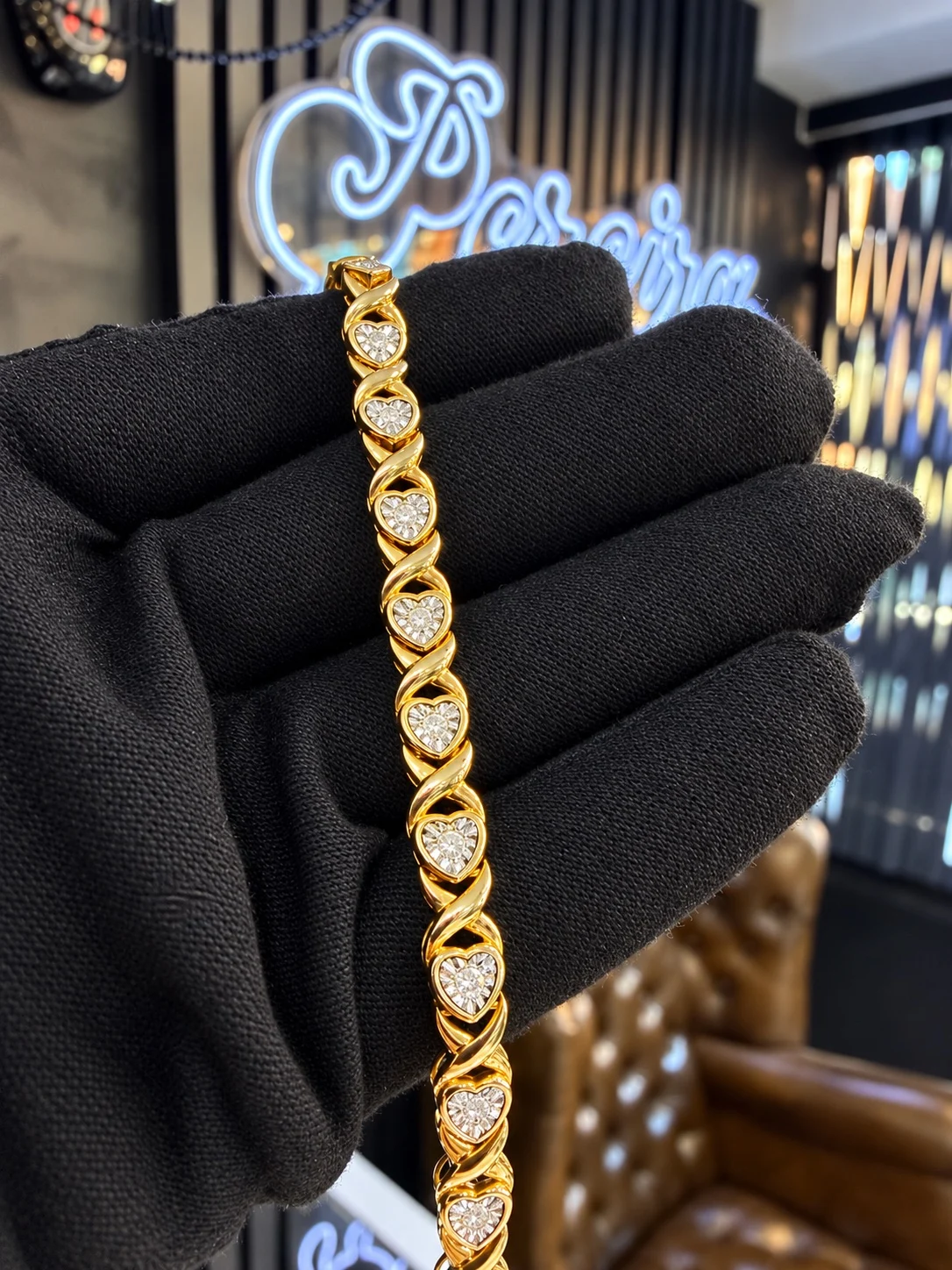 925 Silver Dipped In Gold Heart Link Bracelet with Natural Diamonds
