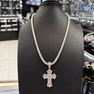 925 Silver Set, Ice Chain & Cross CZ Pendant 20inch