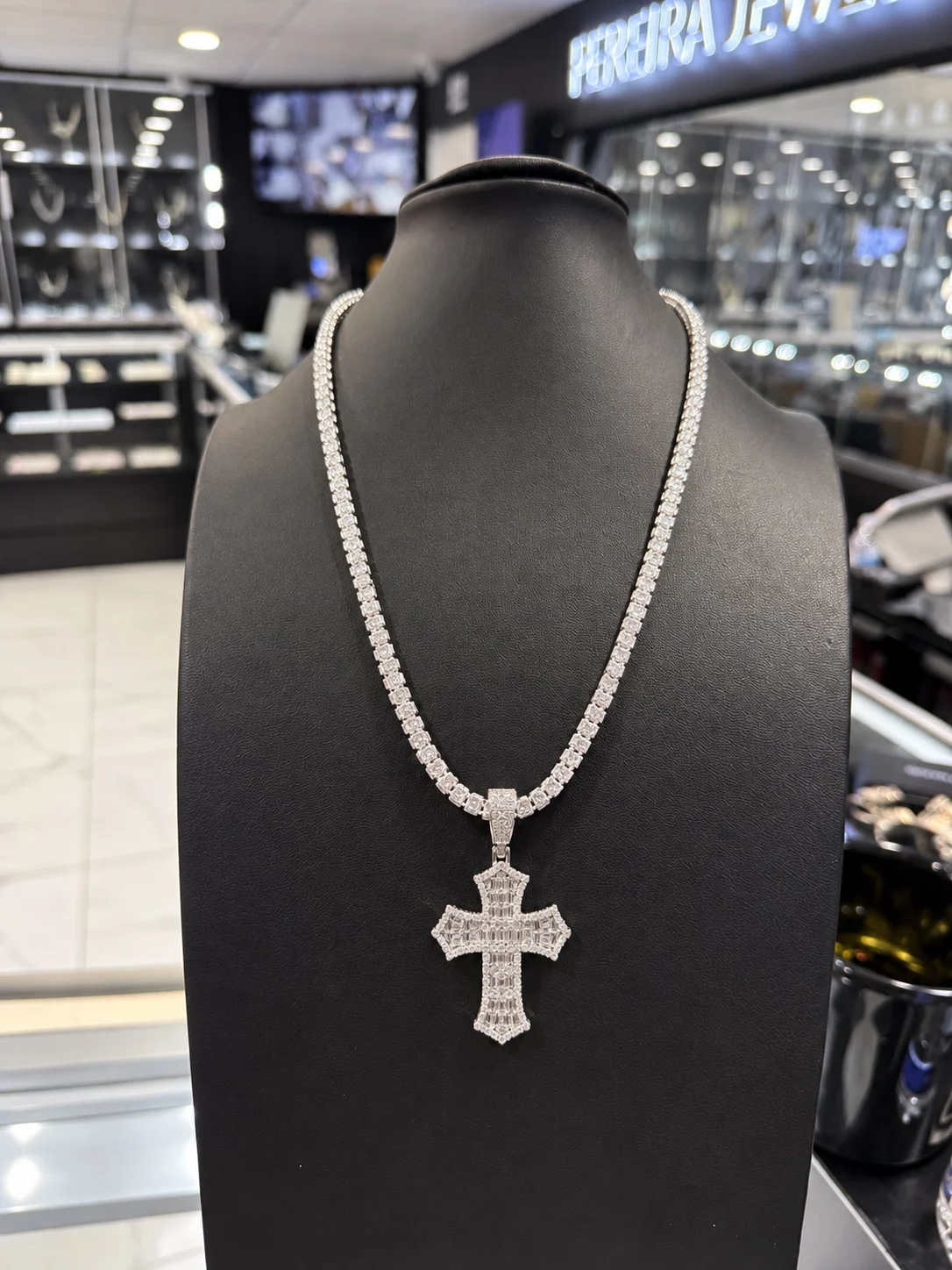 925 Silver Set, Ice Chain & Cross CZ Pendant 20inch