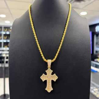 925 Silver with Dip Gold, Rope Chain & Cross by CZ Pendant 20inch