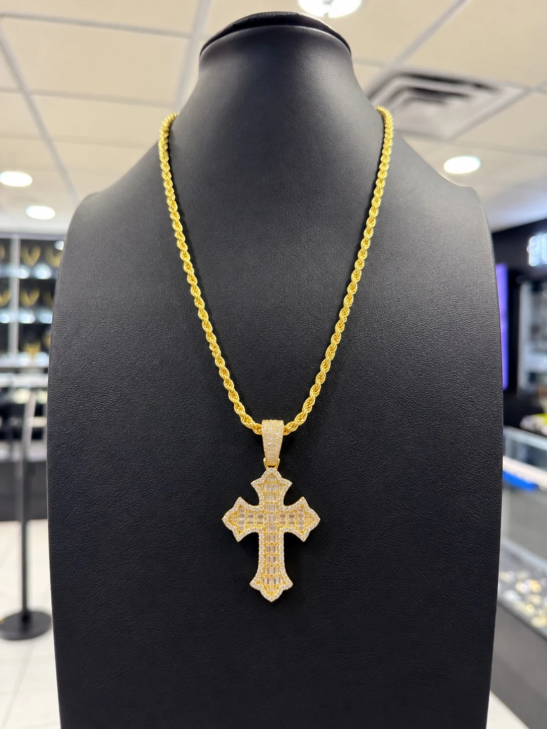 925 Silver with Dip Gold, Rope Chain & Cross by CZ Pendant 20inch